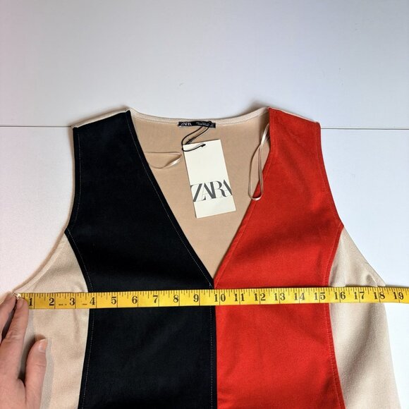 Zara Womens Dress Faux Suede Microfiber Tan Black Red Color Block Sz L NWT - Picture 8 of 10